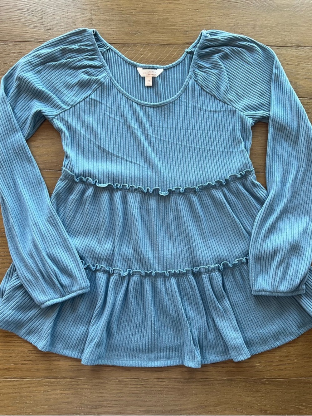 LC Lauren Conrad Ribbed Peplum Tunic in Dusty Blue